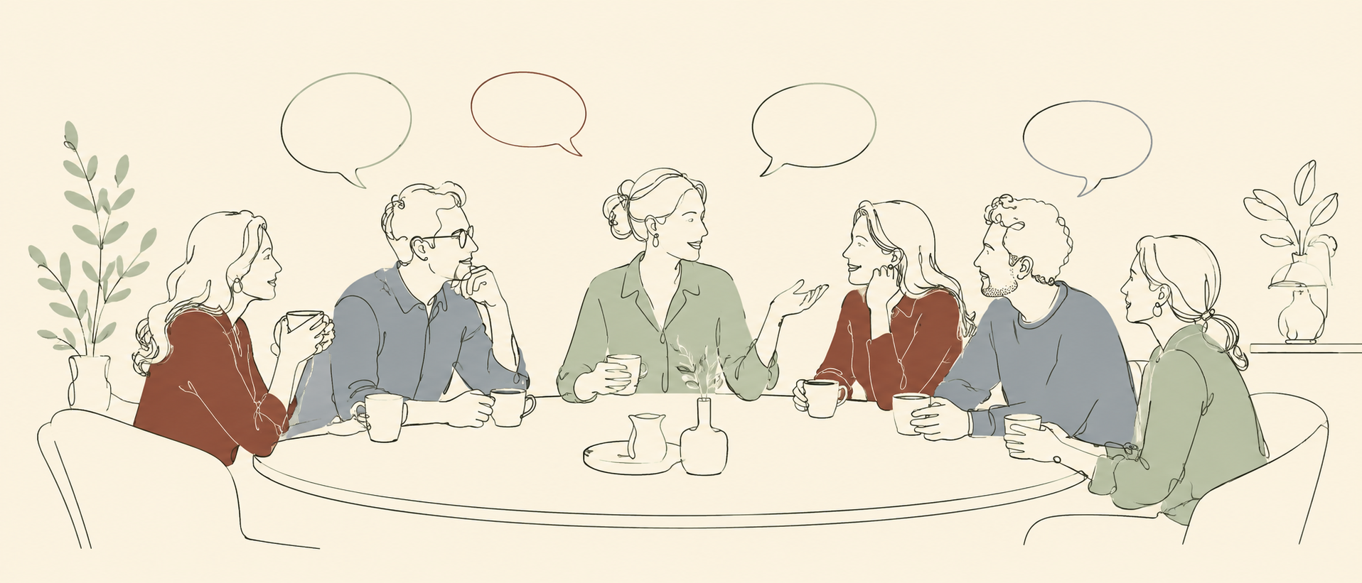Groupe de l'Ardèche English Club en conversation en anglais autour d'une table à Aubenas
